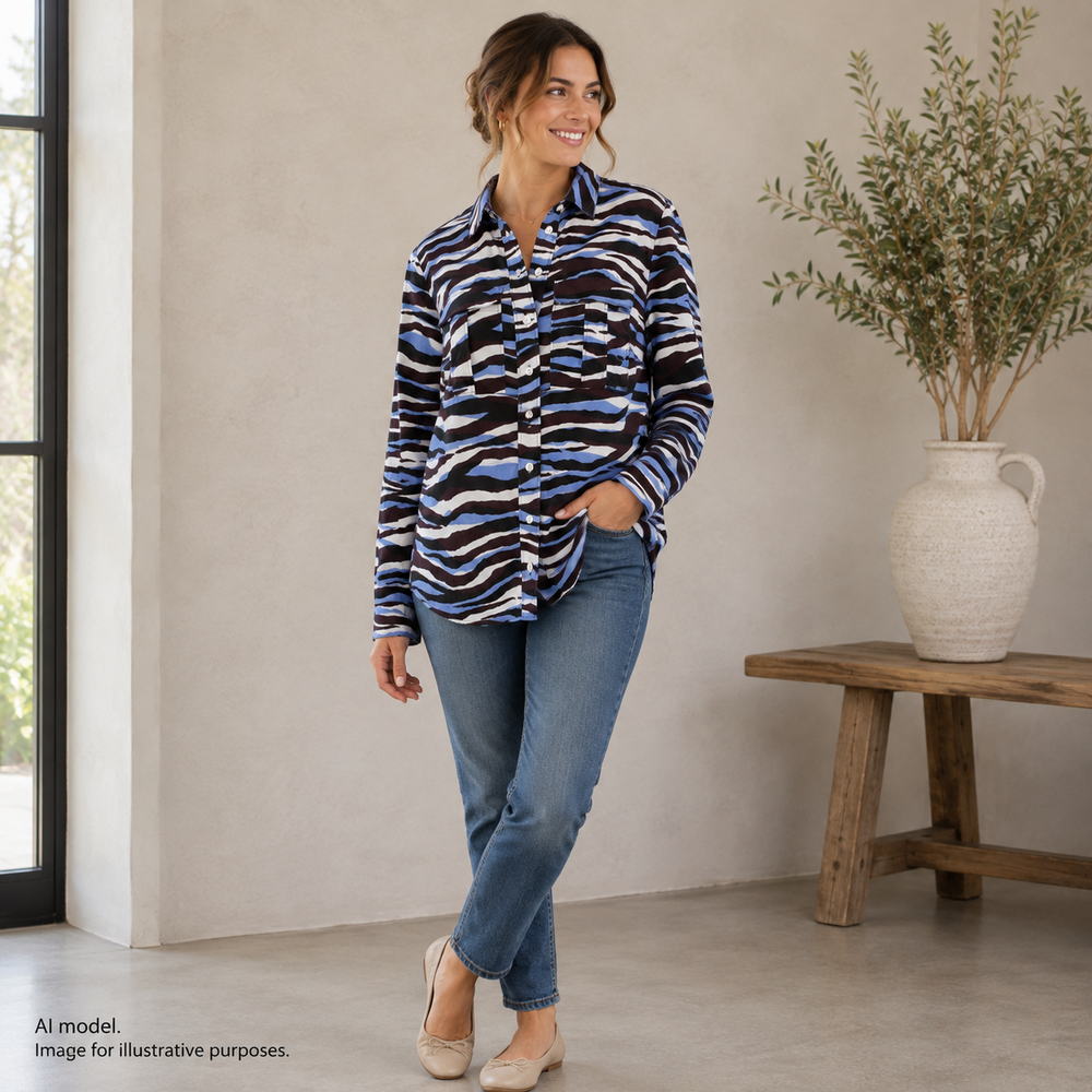 Boden Shirt Top Womens 6R Tribal Shadow Zebra African All Cotton Button Pockets